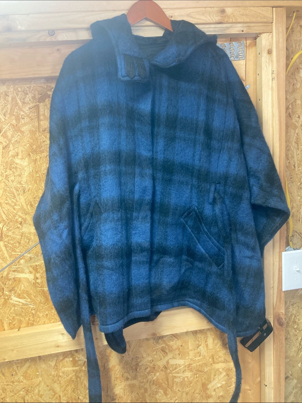 Coach Blue Plaid Hooded Cape Jacket